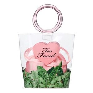 Too Faced Clear Tote with Pink Heart and Green Leaf Print Accents